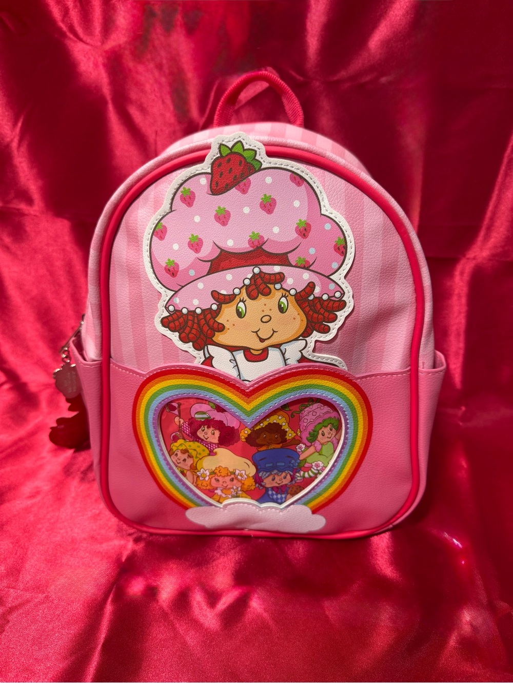 Pink Strawberry Shortcake Backpack with Rainbow Heart Design